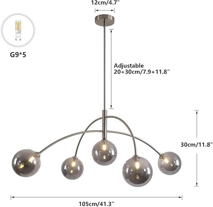 Modern Silver Chandelier 5 Light Smoke Gray Semi Flush Mount Chandelier Vintage Industrial Ceiling Light for Dining Room Kitchen Bedroom Hallway