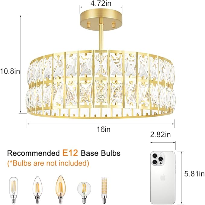 Lxybcce Crystal Ceiling Light Fixture, Modern Brushed Gold Ceiling Light Chandelier, Semi Flush Mount Chandelier Lighting Fixture for Kitchen Entryway Living Room Dining Room, 5-Light, 16 Inch