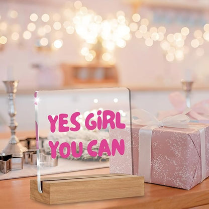 Inspirational Gifts for Women Girl Friend Bestie Sister, Pink Motivational Quote Sign, Yes Girl You Can Acrylic Plaque Table Sign Home Office Desk Decor 4 × 4 Inch