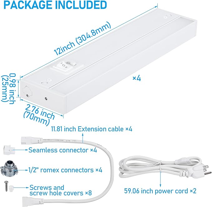 TORCHSTAR 4-Pack 12 Inch LED Under Cabinet Lighting 5CCT, ETL T24, 8W 600LM, Hardwired & Plug-in, 5 Color Selectable CRI90 120V Dimmable Under Counter Lights for Kitchen, White Aluminum Housing