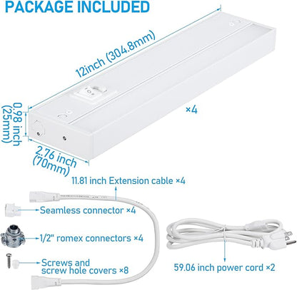 TORCHSTAR 4-Pack 12 Inch LED Under Cabinet Lighting 5CCT, ETL T24, 8W 600LM, Hardwired & Plug-in, 5 Color Selectable CRI90 120V Dimmable Under Counter Lights for Kitchen, White Aluminum Housing