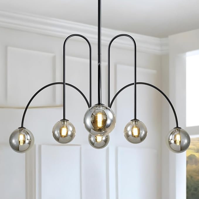 Modern Black Sputnik Chandelier 6-Light Mid Century Chandelier for Dining Room with Smoke Gray Glass Globe Ceiling Pendent Light Fixture for Living Room Kitchen Island Foyer Bedroom