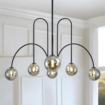 Modern Black Sputnik Chandelier 6-Light Mid Century Chandelier for Dining Room with Smoke Gray Glass Globe Ceiling Pendent Light Fixture for Living Room Kitchen Island Foyer Bedroom