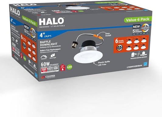 HALO 4 inch LED Recessed Lights with Selectable Color Temperature Dimmable Baffle Can Light Trim 6-Pack for Indoor Outdoor Ceiling Installation LT4069FS1EWHR 6-Pack