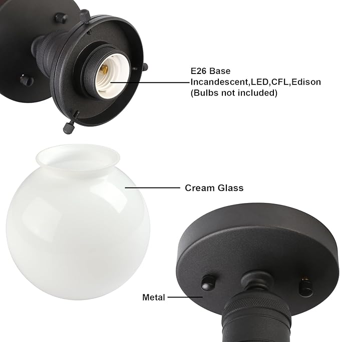 Yosoan 1-Light Modern Hallway Ceiling Light Fixture with Milk Round Glass, Indoor Hardwired Vintage Indoor Flush Mount Lighting with Matte Globe Shade Lights for Kitchen Bathroom Porch Entryway(Black)