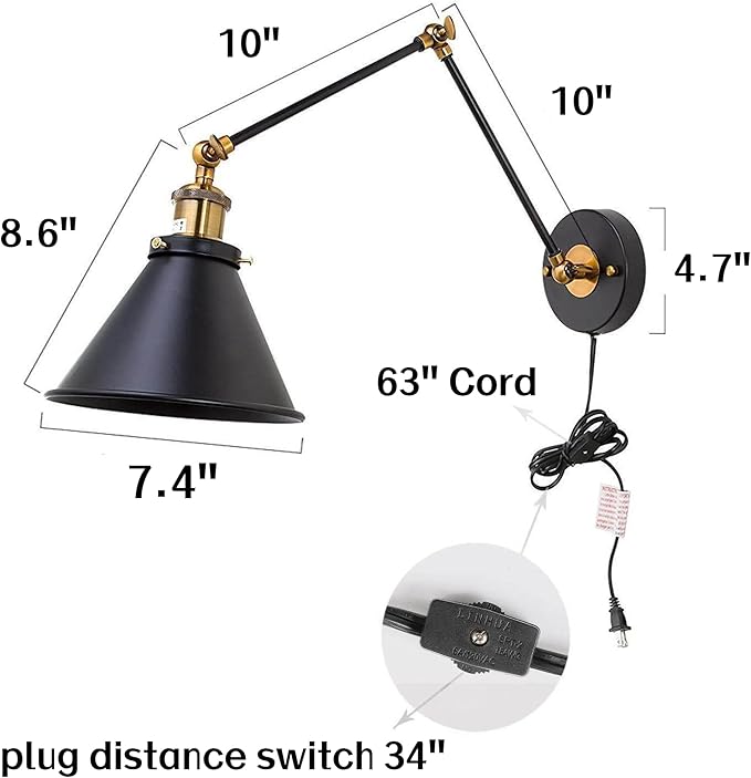 LALUZ Black Wall Sconces Lighting, 2 Pack Modern Industrial Swing Arm Plug in or Hardwired Adjustable Wall Lamp with Antique Brass Finish for Bedroom, Kitchen, and Living Room