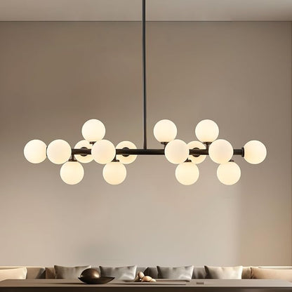 Glass Globe Sputnik Chandelier, 16-Light Mid Century Modern Light Fixture Over Table, Linear Chandeliers for Dining Room, Kitchen Island, Black and Milk White Bubble, 40 Inch, GC-02