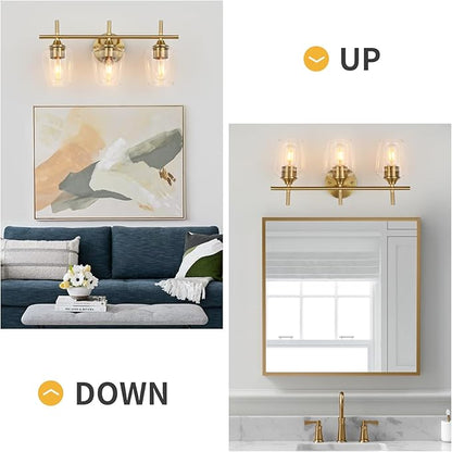 Bathroom Vanity Light Fixtures, 3-Lights Over Mirror Modern Vanity Lighting with Clear Wine Glass Shade Wall Lamp for Bedroom Hallway Living Room (Gold, 3-Light)