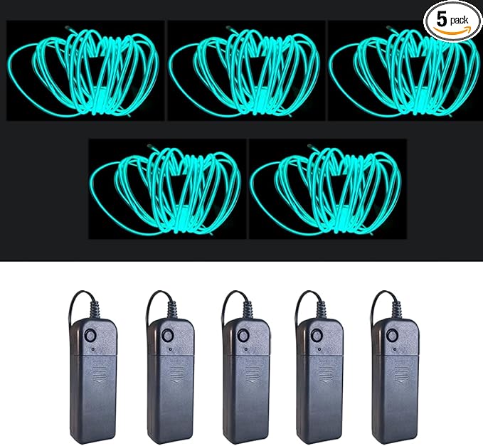 MaxLax EL Wire Ice Blue 5-Pack, 9ft/2.75m Neon Light Wire with Noise Reduction and Battery Pack…
