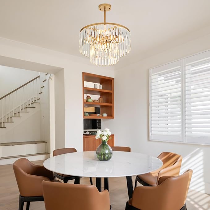 17.7" Gold Semi Flush Mount 2-Tier Crystal Ceiling Light Fixtures for Dining Room Modern Industrial 8-Light Chandeliers Lighting for Bedroom Entryway Hallway Kitchen Island Living Room Foyer