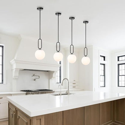 Modern Black Globe Pendant Light Milky White Globe Glass Shade Adjustable Rods Hanging Ceiling Light Fixtures for Kitchen Island Living Room