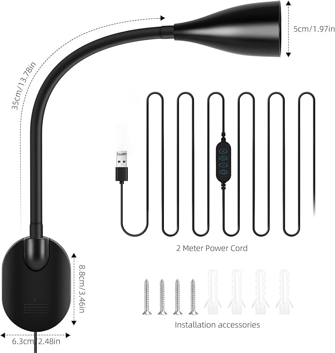 LiFMIRA Wall-Mounted LED Bedside Reading Light with USB Charging Port, 10-Level Dimmable & Adjustable 5 Color, Plug-in Adhesive Night Lamp for Books in Bed, Eye-Caring Bedroom Lighting (Black)
