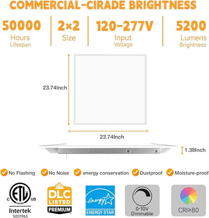OKQ 2x2 LED Flat Panel Light Drop Ceiling Office Fixture,5 CCT 3000K-6500K Adjustable & 5 Wattage Selectable, 0-10V Dimmable, 2X2 LED Flush Mount Ceiling Light,ETL Listed 12 Pack