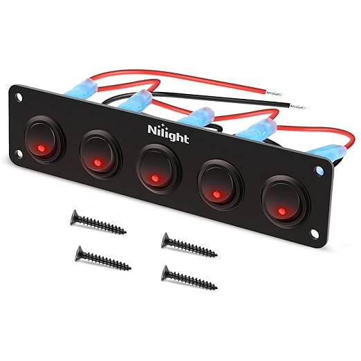 Nilight 5 Gang 3 Pin Rocker Switch Panel Waterproof On Off 12V Red Toggle for Cars Trucks Boats