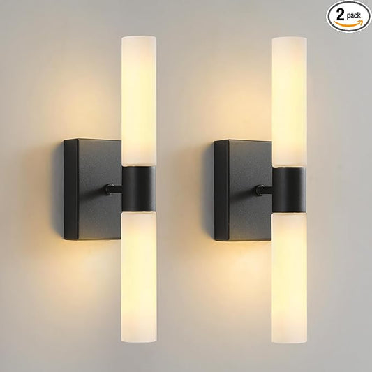 KUZZULL Wall Sconces Set of Two Matte Black Modern Bathroom Sconces Lighting Set of 2 Frosted Glass Shade Indoor Wall Lamp Wall Mounted Lights Metal Wall Light Fixtures for Living Room Stairs