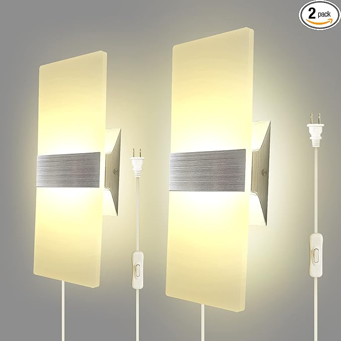KICAAO Wall Sconces, Modern Wall Sconce Plug in 10W 6000K Cool White Acrylic Wall Lights with 6FT/180cm Plug in Cord and On/Off Switch on The Cord (Warm White 2700K 2Pack)