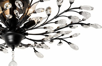 SEOL-Light Vintage Large Crystal Branches Chandeliers Black Close to Ceiling Light Flush Mount Fixture with 5 Light 200W 31.5" Dia;