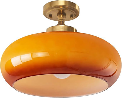 Retro Orange Glass Flush Mount Ceiling Light Fixture, 15.74 Inch Industrial Close to Ceiling Lamp for Bedroom Living Room Kitchen Hallway, E26 Base, Easy Installation