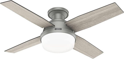 Hunter 44 inch Indoor Ceiling Fan with LED Light and Remote Control - Modern Ceiling Fan, Low Profile Mount, 4 Blades, For Bedroom, Living Room, or Kitchen, Quiet - Dempsey 51757, Matte Silver