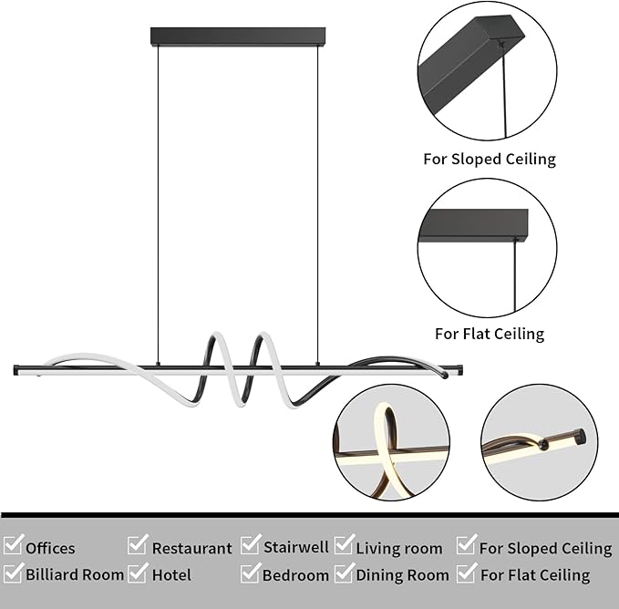 Modern LED Pendant Lights, Ceiling Chandelier Dimmable with Remote Control 3000k-6000K Adjustable Color Temperature, Aluminum Island Lighting Lamp Fixture for Kitchen, Dining Room(39in Black)