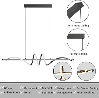 Modern LED Pendant Lights, Ceiling Chandelier Dimmable with Remote Control 3000k-6000K Adjustable Color Temperature, Aluminum Island Lighting Lamp Fixture for Kitchen, Dining Room(47in Black)
