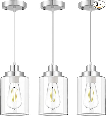 WimiSom Industrial Pendant Lighting, Modern Clear Glass Shade Pendant Lights, Adjustable Hanging Light Fixtures, Farmhouse Pendant Lighting for Kitchen Island Living Room Bedroom Hallway 3-Pack