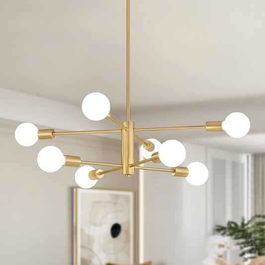 AMZASA Gold Sputnik Chandelier 8 Light Modern Industrial Mid Century Modern Light Fixture for Dining Room Kitchen Living Room Entryway Bedroom Plating Shining Gold Finished UL Listed