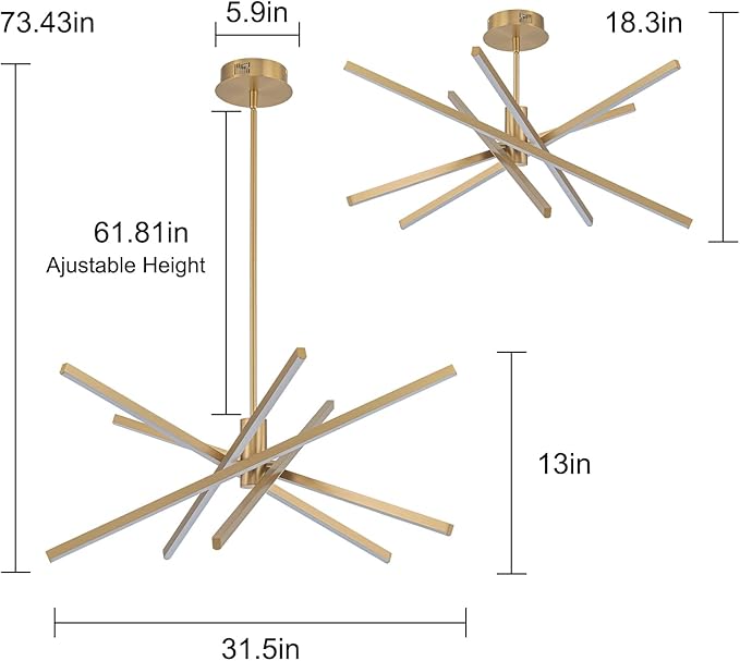 YINSP Modern Sputnik LED Chandelier Black Pendant Light, 5-Lights Gold Chandeliers 45W 3000K Dimmable Adjustable Linear Hanging Light Fixture for Dining Room Kitchen Island Living Room Bedroom Bar