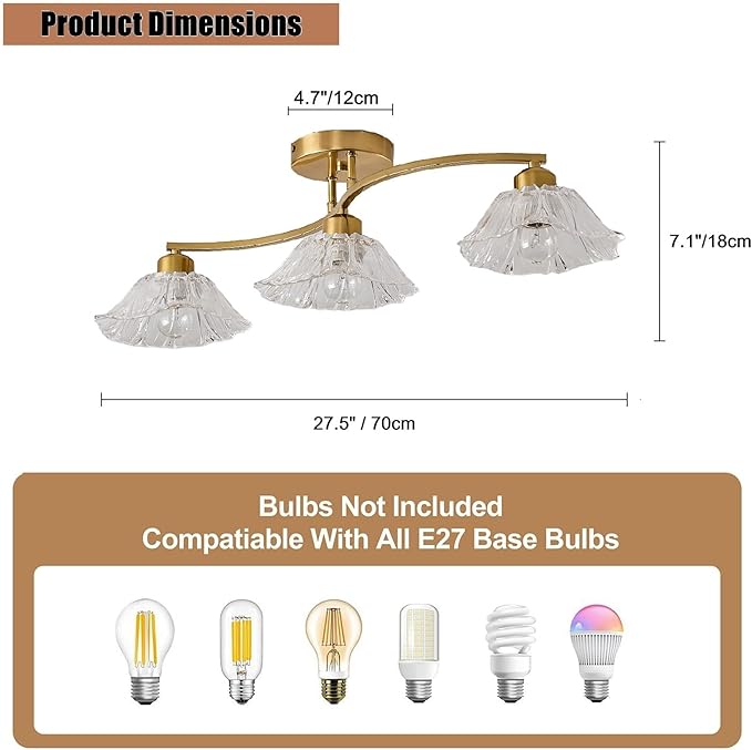 Semi Flush Mount Ceiling Light Fixture,3 Lights Modern Glass Shade Chandelier, Mini Ceiling Fixture for Entryway, Kitchen, Bedroom, Golden