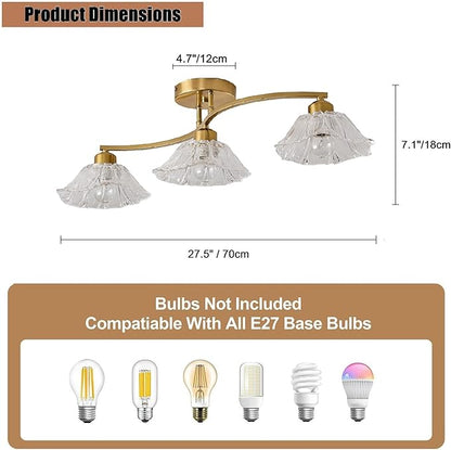 Semi Flush Mount Ceiling Light Fixture,3 Lights Modern Glass Shade Chandelier, Mini Ceiling Fixture for Entryway, Kitchen, Bedroom, Golden