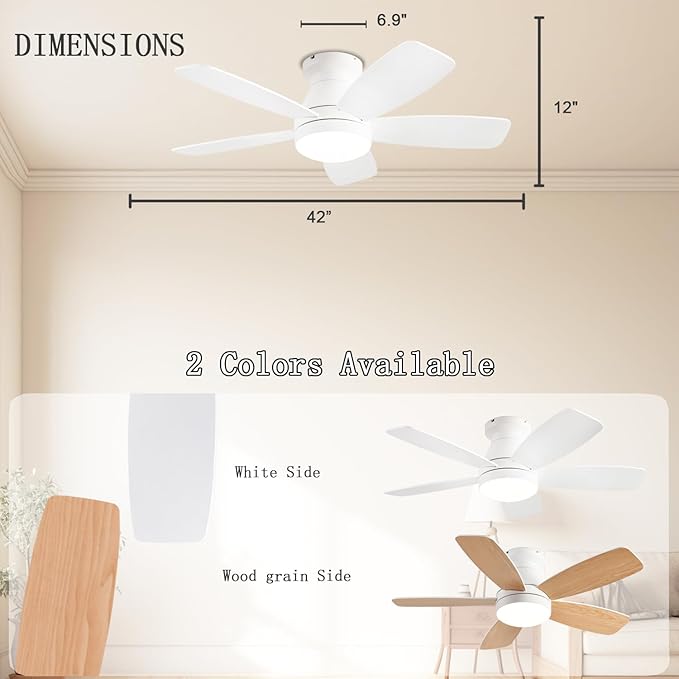 JSAITEE Ceiling Fans with Lights, 42 Inch Low Profile Ceiling Fan with Light and Remote/App Control, Flush Mount, Reversible, 3CCT, Dimmable, Noiseless, White Ceiling Fan for Indoor/Outdoor Use