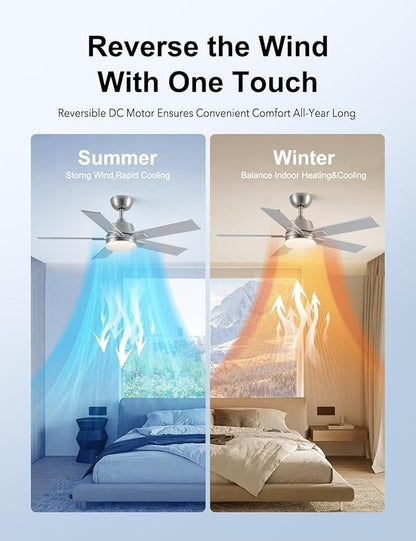 Rayqueen 42 Inch Ceiling Fans with Lights and Remote, 6 Speed Reversible DC Motor, 3CCT Dimmable LED, Modern Brushed Nickel Ceiling Fan for Bedroom, Living room & Covered Outdoor,Includes Downrod