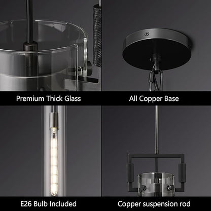 Black Pendant Light Glass for Kitchen Island 1Pack, Adjustable Hanging Chandelier with Glass Shade Modern Pendant Light Fixture for Farmhouse, Dining Room,Bedroom,E26 Bulb Included
