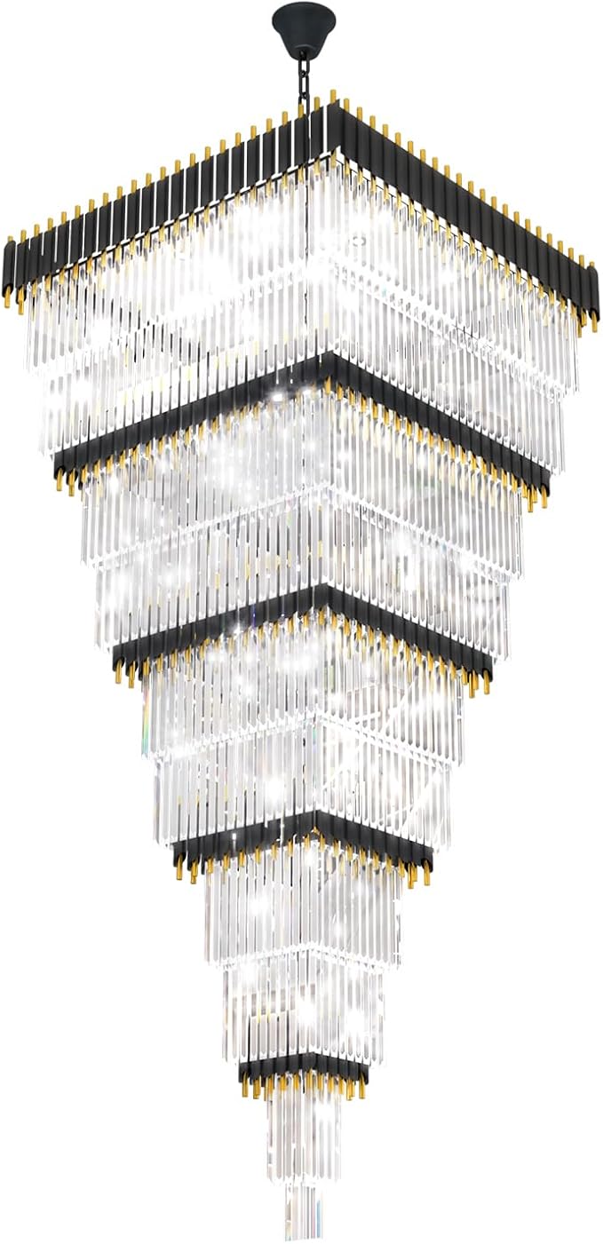 W40 x H120 Large Black Gold Chandeliers for High Ceiling, 37-Light Square Tiered K9 Crystal Raindrop Chandelier, Adjustable Height Luxury Pendant Light for Staircase, Villa Foyer, Entryway