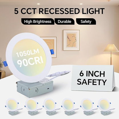 Simple Deluxe 12 Pack 6 Inch Ultra-Thin Recessed Ceiling Light with Junction Box,2700K-5000K 5CCT,1050LM 12W Eqv 110W Brightness Dimmable Canless Wafer Downlight ETL&FCC