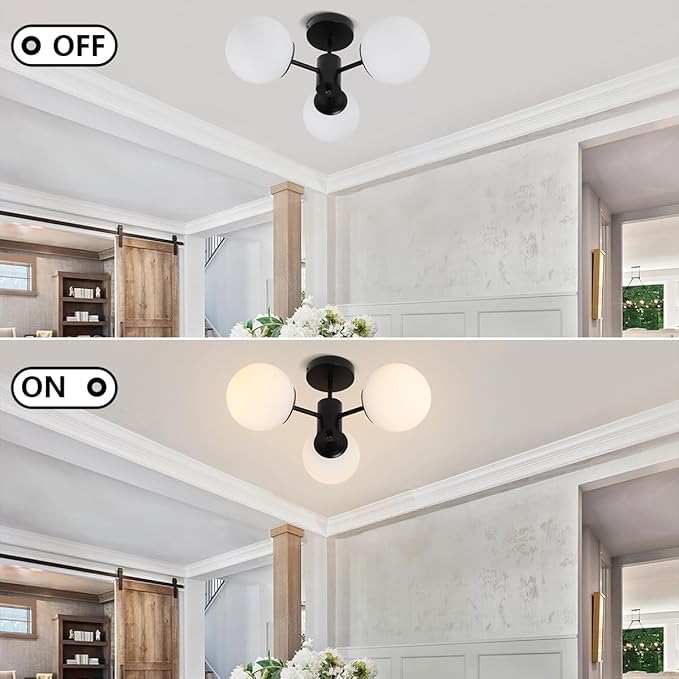 Black Semi Flush Mount Ceiling Light Mid Century Modern Globe Ceiling Light 3 Lights Milk Glass Sputnik Flush Mount Chandelier for Bedroom Dinning Room Foyer Hallway