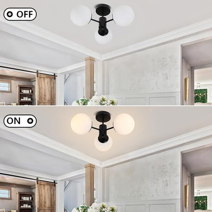 Black Semi Flush Mount Ceiling Light Mid Century Modern Globe Ceiling Light 3 Lights Milk Glass Sputnik Flush Mount Chandelier for Bedroom Dinning Room Foyer Hallway