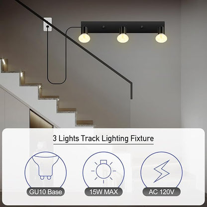 Plug-in Track Lighting, LED Track Lighting Fixtures Ceiling Kit, 16" Black Plug in Wall Light with 14.8ft Cord, 3-Light Ceiling Spotlight,Rotatable Kitchen Light Head for Bedroom Hallway(GU10,NO Bulb)
