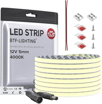 BTF-LIGHTING FCOB COB 5mm Width UL Listed Super Narrow Flexible Uniform Light LED Strip 16.4FT DC12V 4000K CRI 90+ Dimmable LED Ribbon for Kitchen Home Indoor Decoration(No Adapter or Controller)