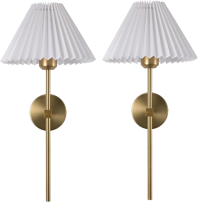 KELUOLY Wall Sconces Sets of 2 White Fabric lampshade Gold Wall Lamp Column Bracket Wall Lighting Bathroom Dresser Hardwired lamp Applicable to Living Room Bedroom Dining Room