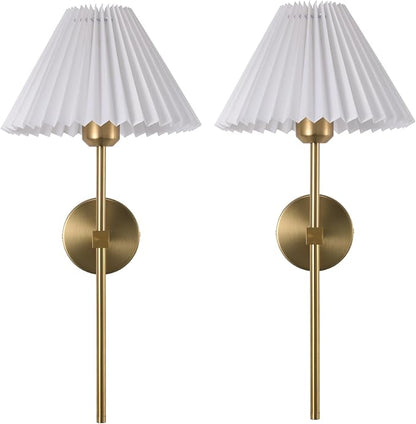 KELUOLY Wall Sconces Sets of 2 White Fabric lampshade Gold Wall Lamp Column Bracket Wall Lighting Bathroom Dresser Hardwired lamp Applicable to Living Room Bedroom Dining Room