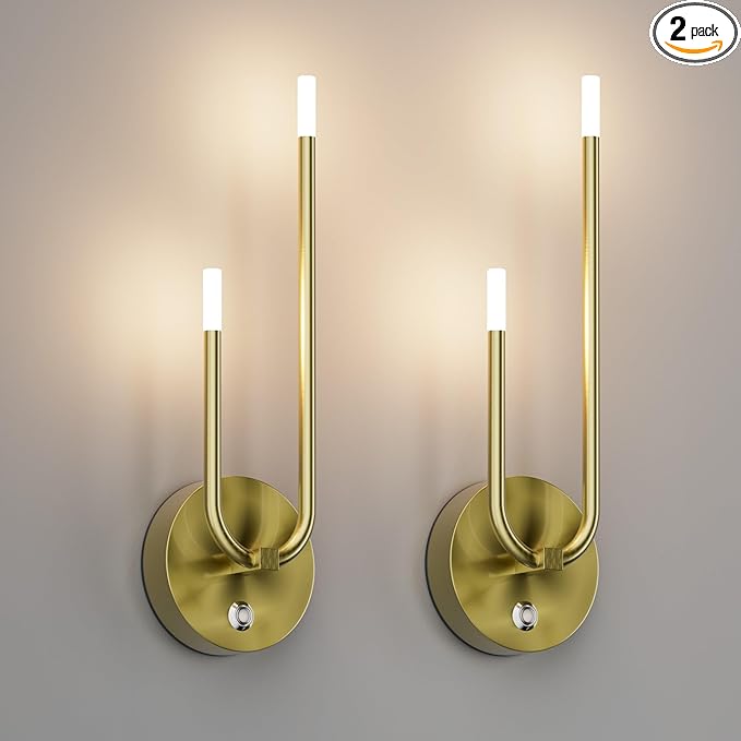 Aipsun Gold Battery Operated Wall Sconce Set of 2, Modern LED Rechargeable Wall Sconce Stepless Dimming Wireless Wall Lights for Bedroom,Living Room,Hallway Warm Light 3000K