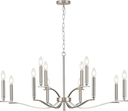 12 Light Nickel Living Room Chandelier High Ceiling Foyer Candle Chandelier Large Modern 44in Metal Chandeliers Hanging Light for Master Bedroom Dining Room Light Fixture Over Table