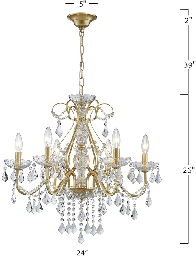 Bestier Gold Vintage Candle Chandelier Crystal Lighting Fixture Lamp for Dining Room Bathroom Foyer Livingroom 6 E12 Bulbs Required D24 in x H26 in