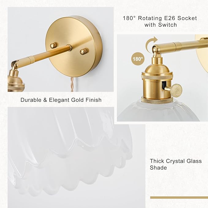 Plug in Wall Sconces Set of 2, Vintage Wall Sconce Light with Tulip Milk White Glass Lampshade, Bedroom Wall Sconce with Switch and Plug in wall lamp Cord, Gold Wall Light Wall Decor Set of 2
