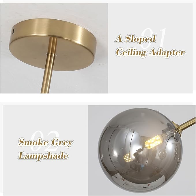 5-Light Gold Sputnik Chandelier, Mid Century Modern, Smoke Gray Glass Shade, Kitchen, Dining, Bedroom, 38.6" L x 30.7" H