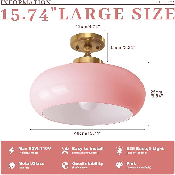 Pink Glass Ceiling Light Fixture, Blush Retro Flush Mount for Girls Room Nursery, Bedroom, 15.74 Inch Vintage Ceiling Light with Gold Metal Base, E26 Socket (Bulb Not Included)