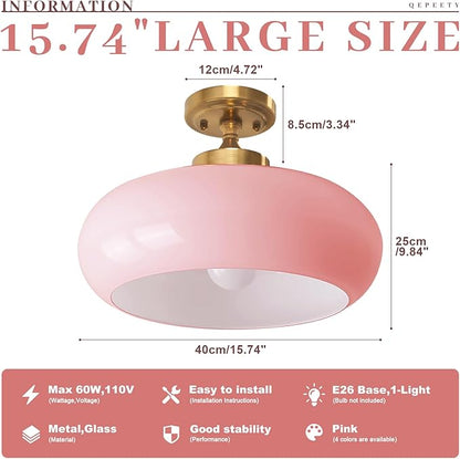 Pink Glass Ceiling Light Fixture, Blush Retro Flush Mount for Girls Room Nursery, Bedroom, 15.74 Inch Vintage Ceiling Light with Gold Metal Base, E26 Socket (Bulb Not Included)