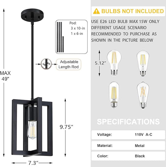 1 Light Hanging Rustic Farmhouse 7.3" Metal Lantern Cage Pendant Ceiling Light Fixture,Cafe Bar Over Sink Dining Room Bedroom Kitchen Island 3 Pack Black