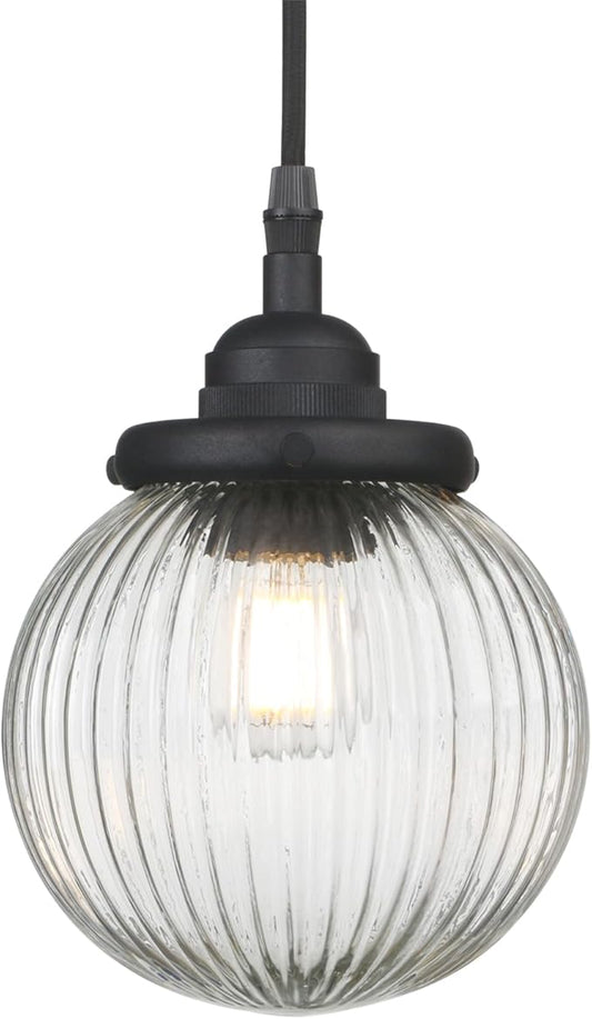Yosoan 1-Light Vintage Industrial Kitchen Hanging Pendant Light Fixture, Single Hardwired Indoor Vanity Retro Textured Striped Round Glass Shade Small Lamp for Dinning Room Living Room Island(Black)